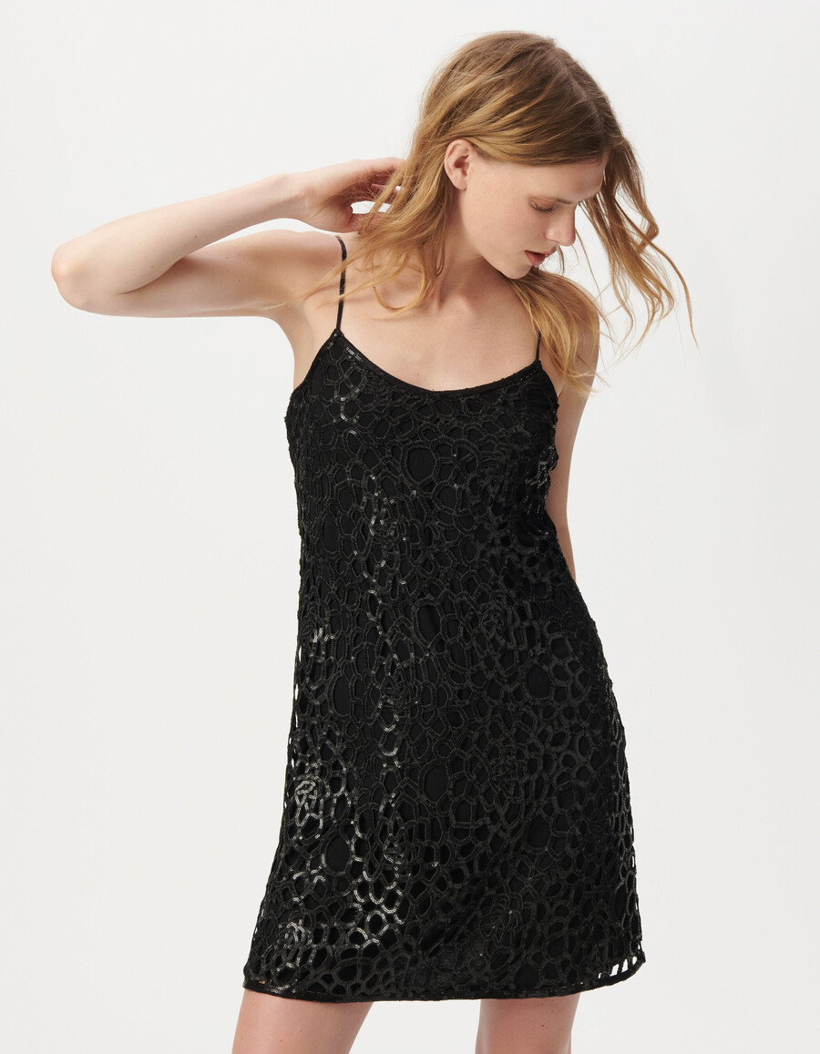 vestido corto de encaje negro con lentejuelas bordadas para mujer