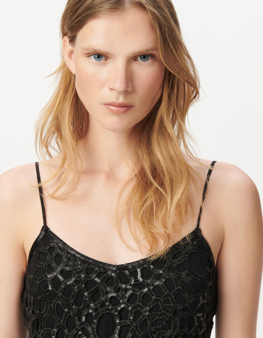 vestido corto de encaje negro con lentejuelas bordadas para mujer