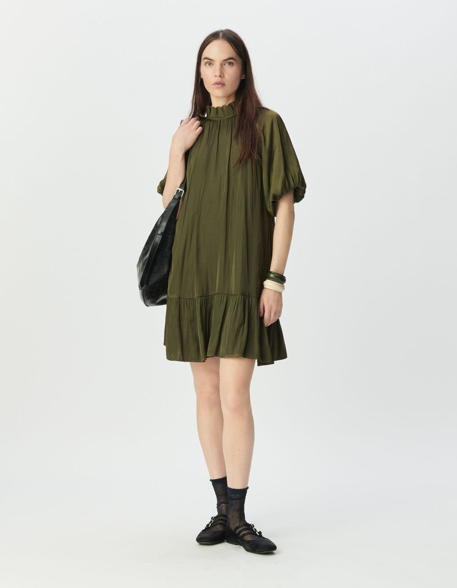 vestido fluido color caqui con mangas globo para mujer