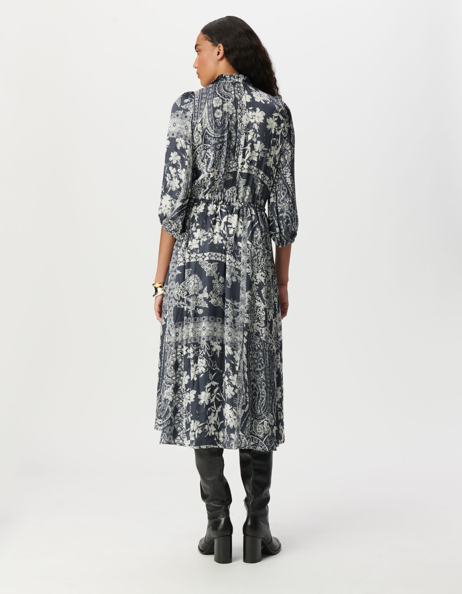 vestido largo de satén azul grisáceo para mujer con estampado de pañuelo