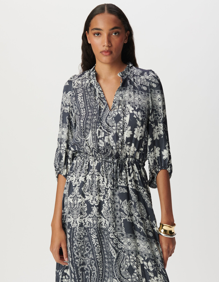 vestido largo de satén azul grisáceo para mujer con estampado de pañuelo