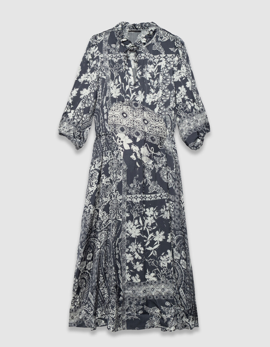 vestido largo de satén azul grisáceo para mujer con estampado de pañuelo