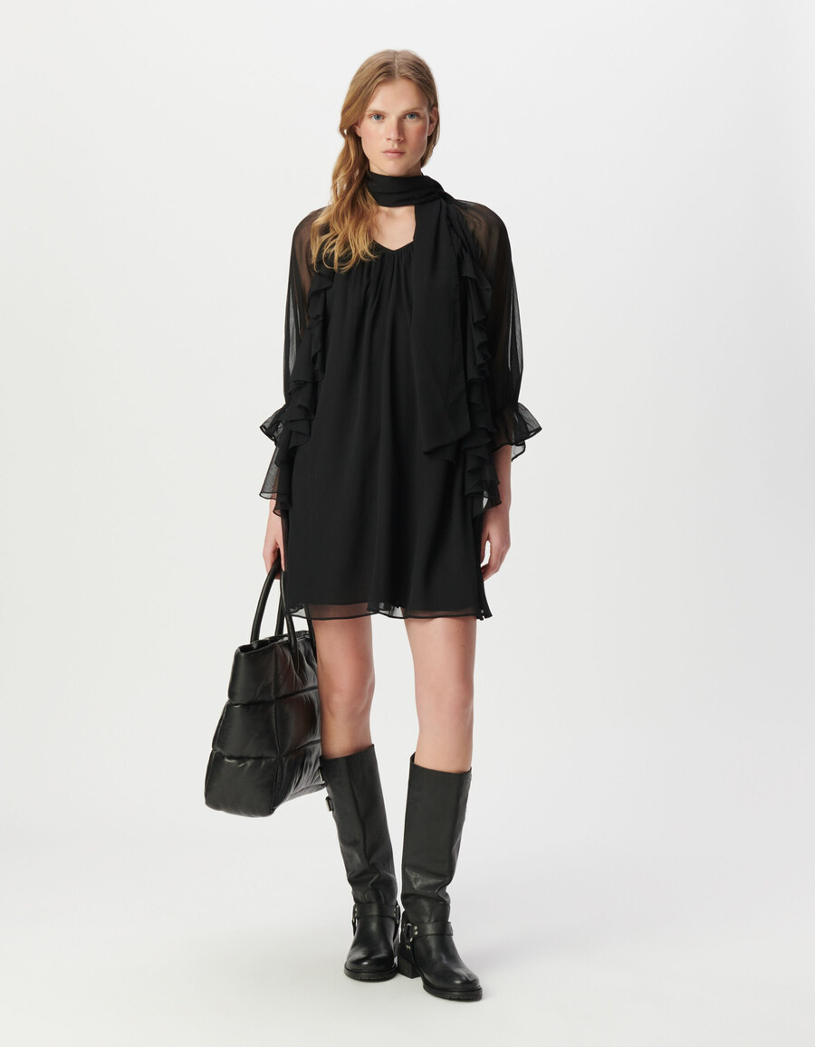 vestido de noche negro con volantes para mujer