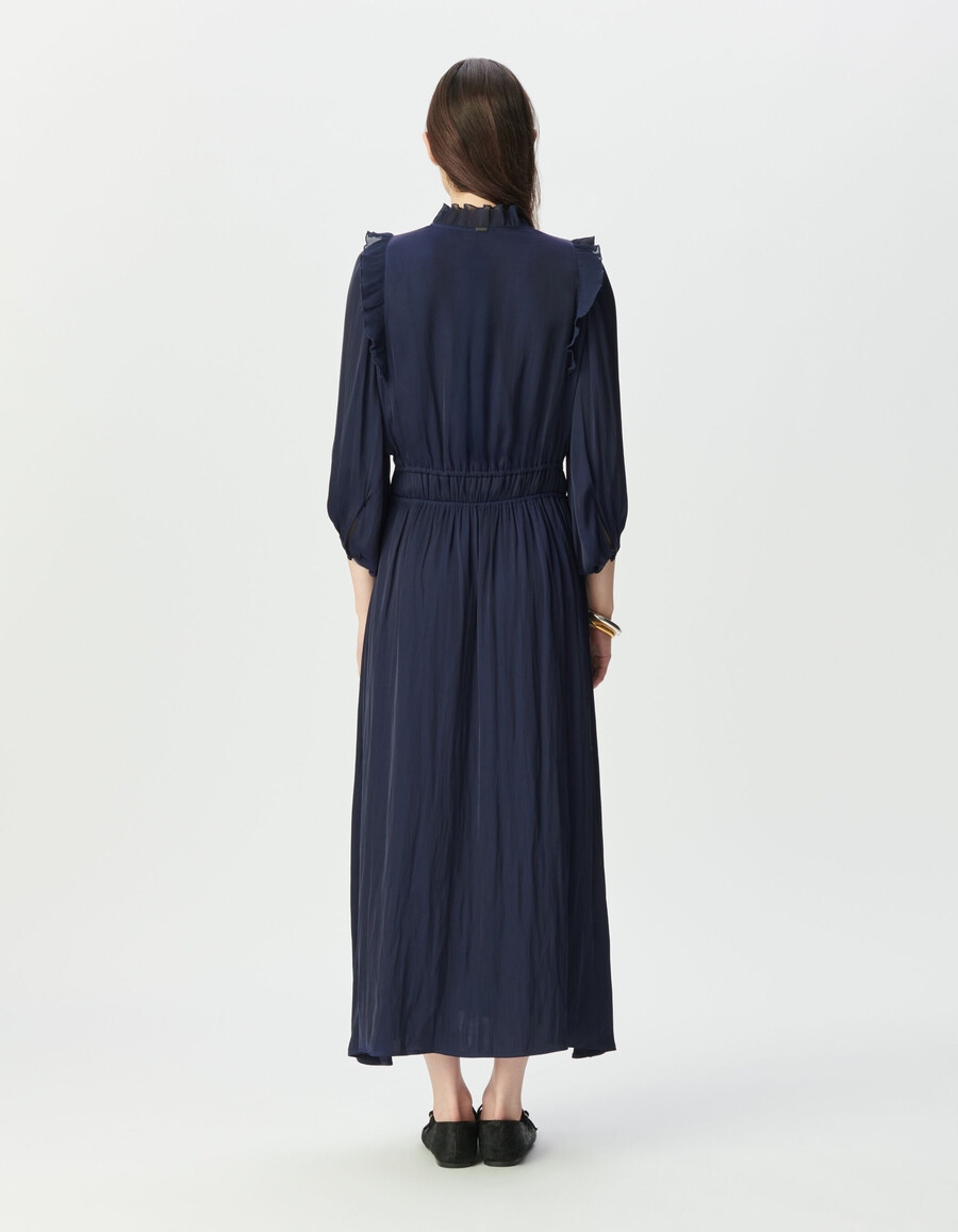 vestido fluido azul marino para mujer con volantes plisados