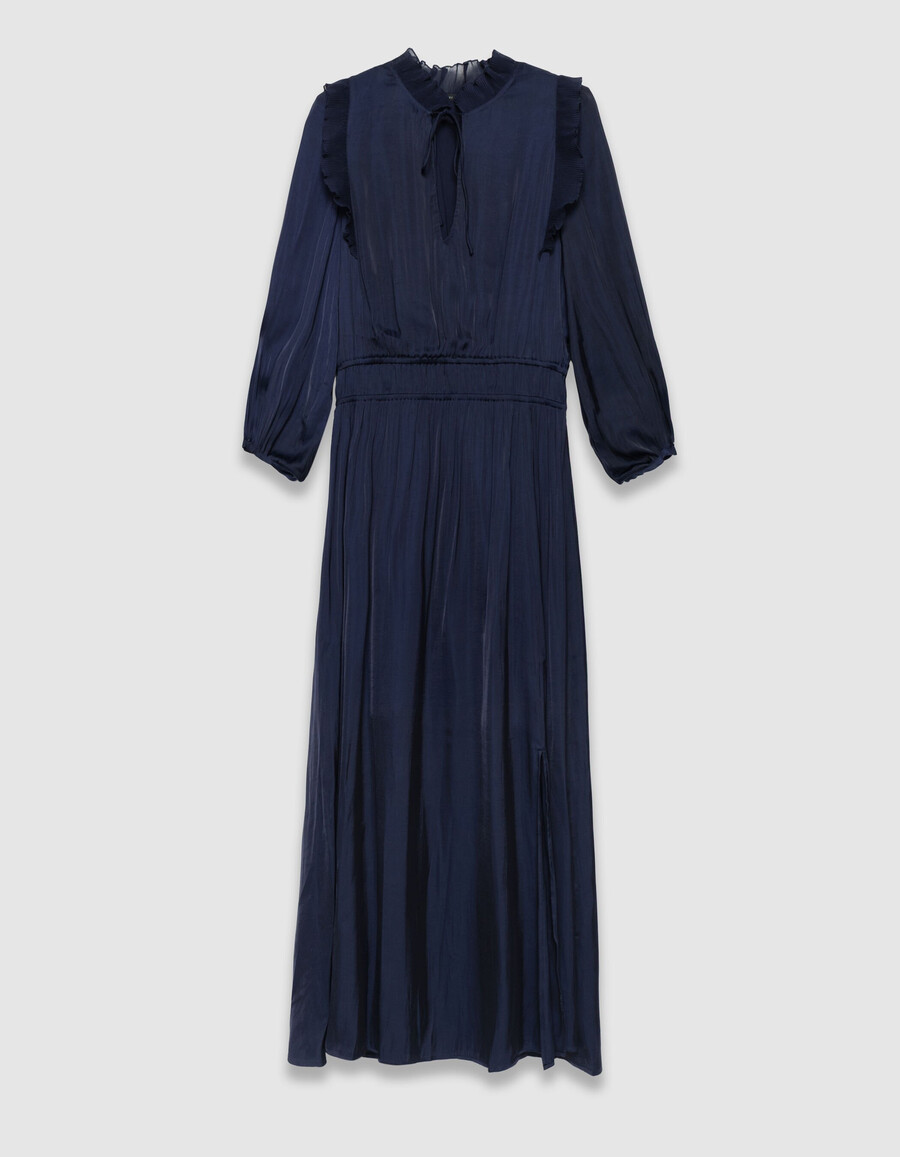 vestido fluido azul marino para mujer con volantes plisados