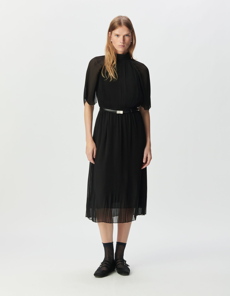 vestido midi elegante de gasa plisada negra para mujer