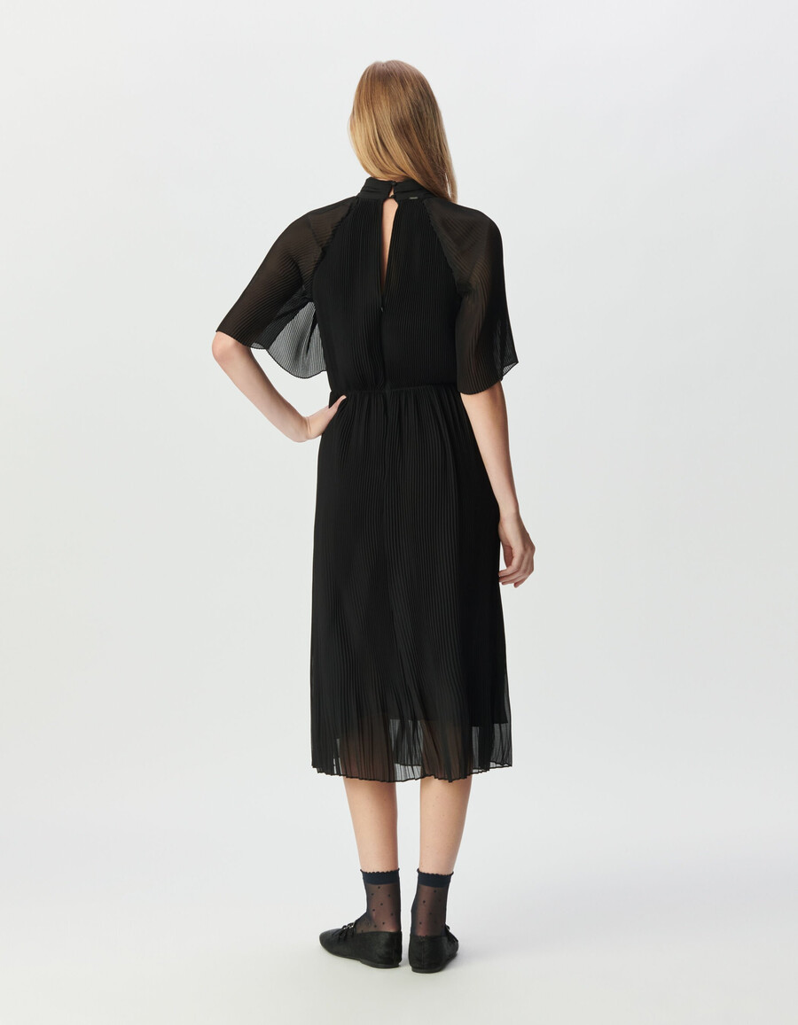 vestido midi elegante de gasa plisada negra para mujer