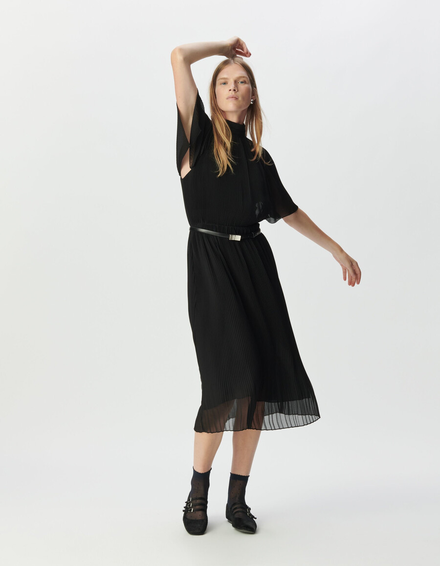 vestido midi elegante de gasa plisada negra para mujer