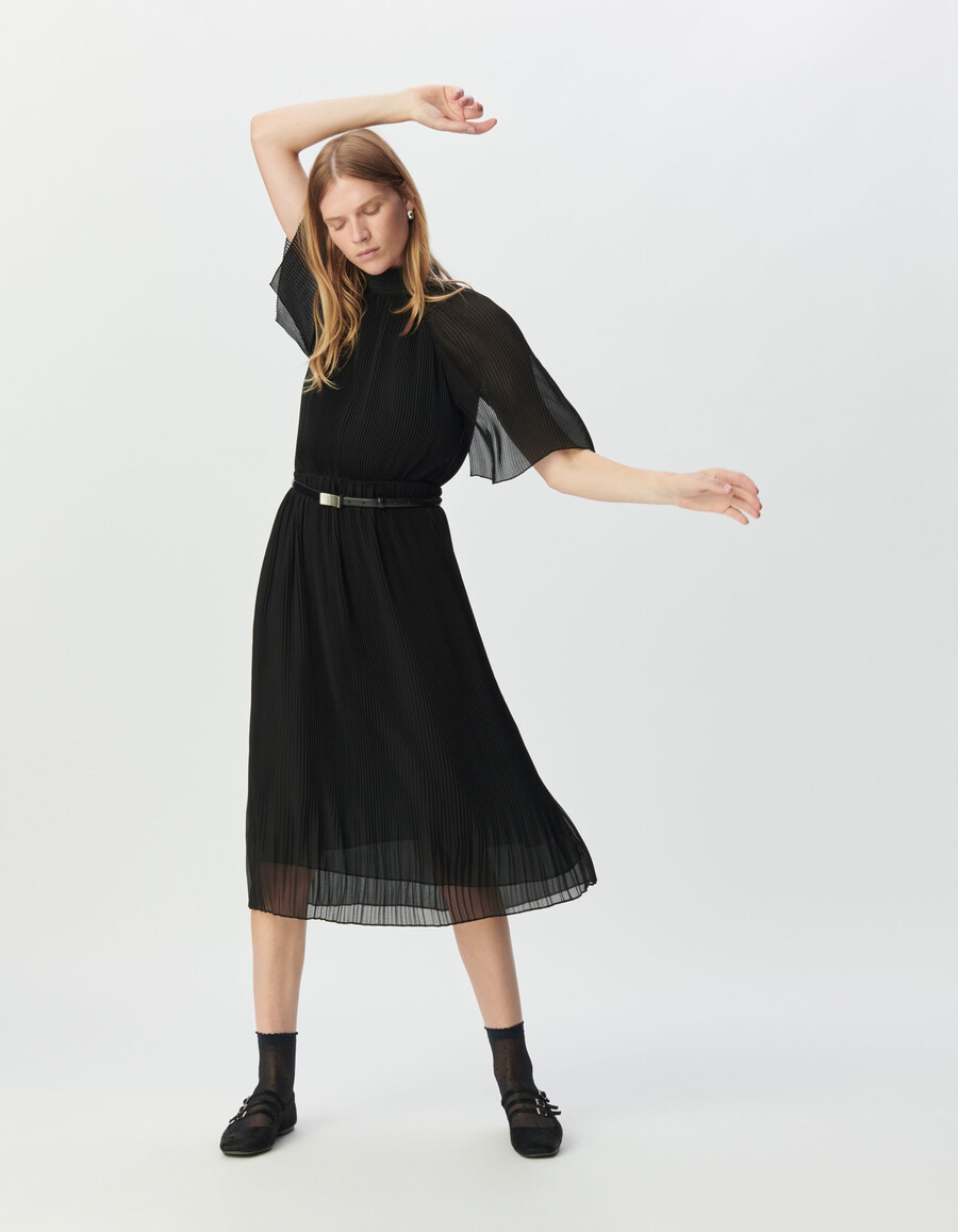 vestido midi elegante de gasa plisada negra para mujer