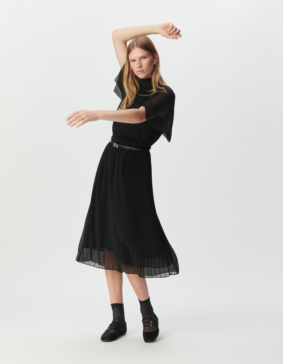 vestido midi elegante de gasa plisada negra para mujer