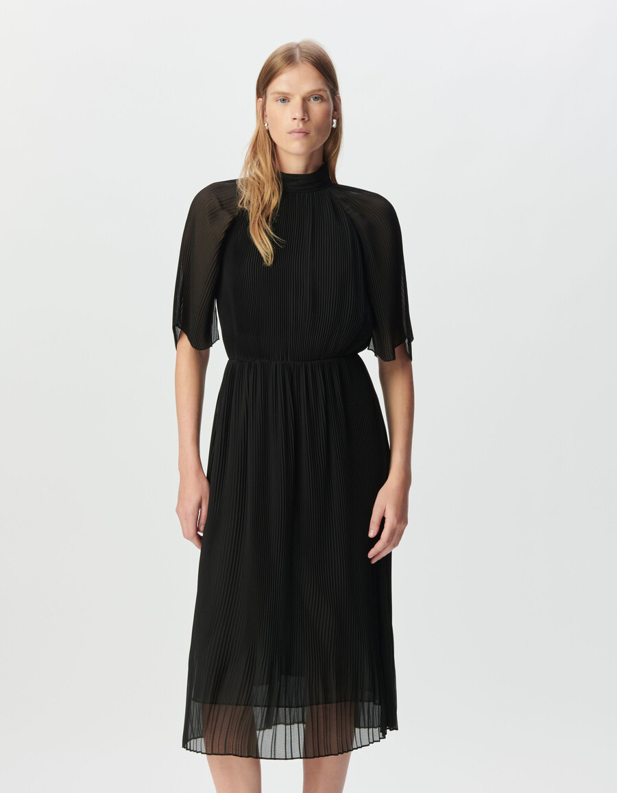 vestido midi elegante de gasa plisada negra para mujer