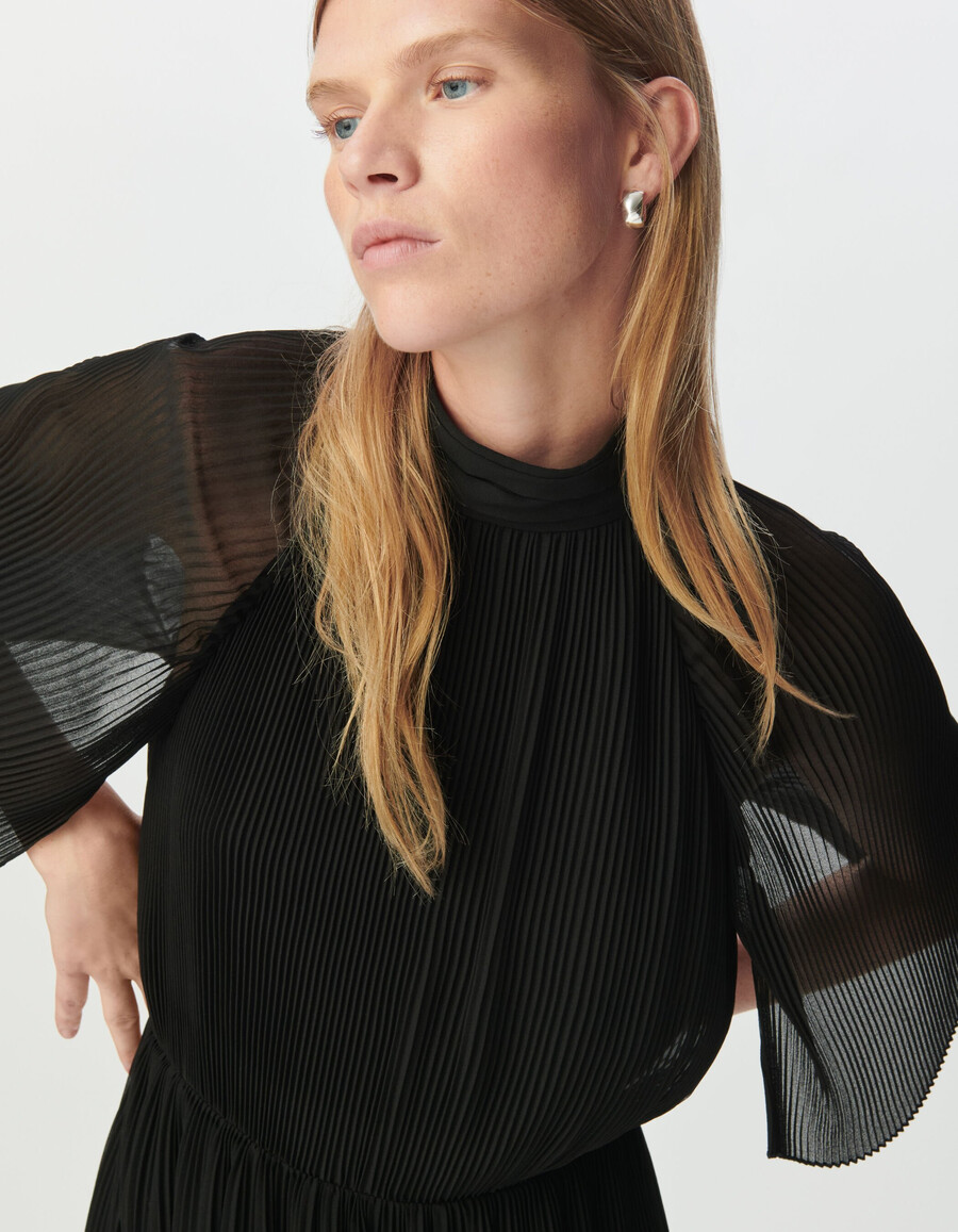 vestido midi elegante de gasa plisada negra para mujer
