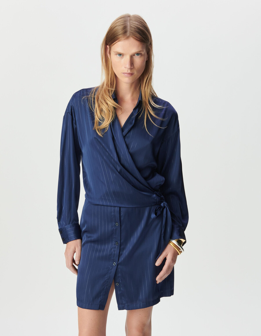 vestido camisero cruzado de rayas azul marino para mujer