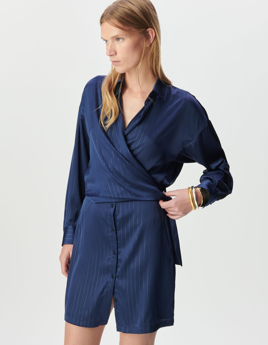 vestido camisero cruzado de rayas azul marino para mujer