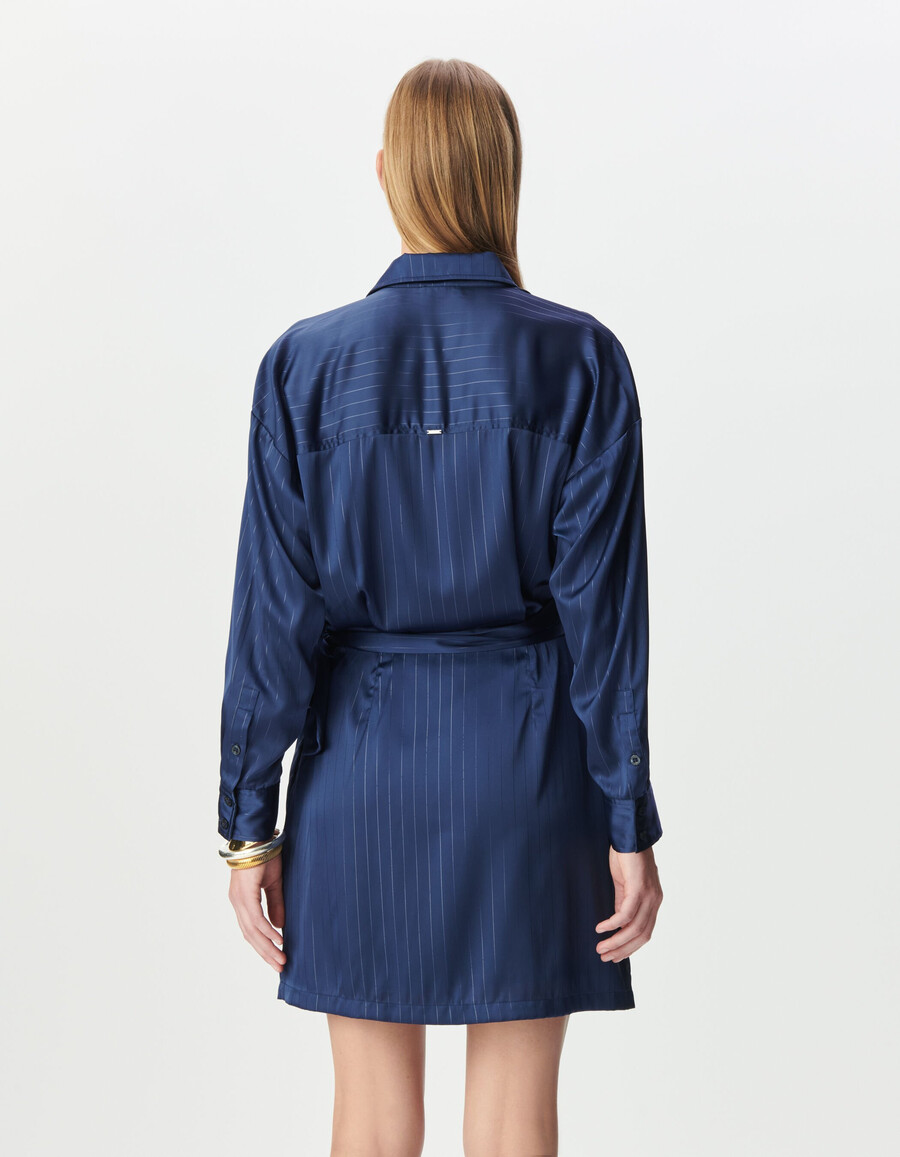 vestido camisero cruzado de rayas azul marino para mujer