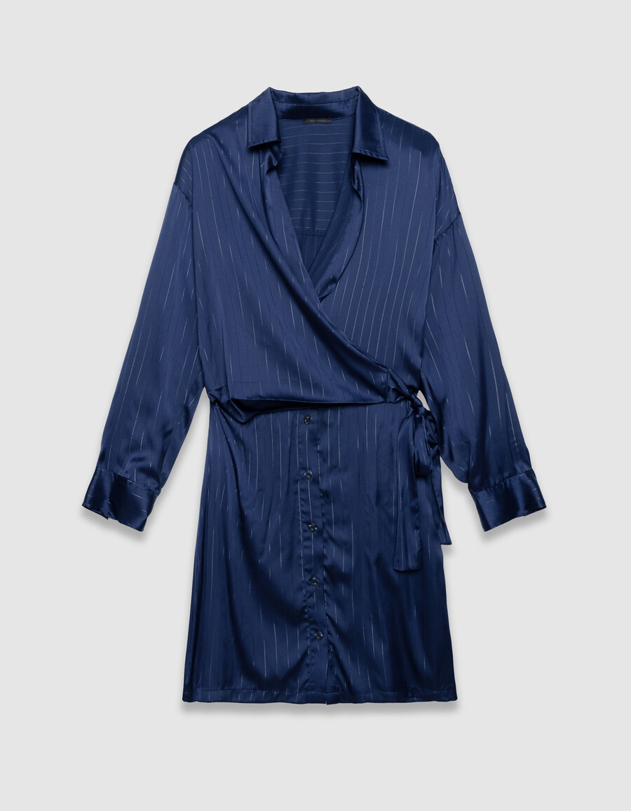 vestido camisero cruzado de rayas azul marino para mujer
