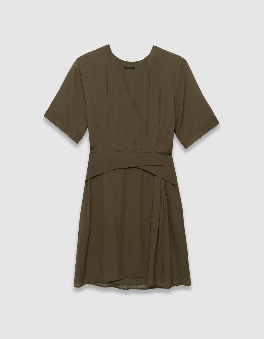 vestido cruzado color caqui con cintura drapeada para mujer