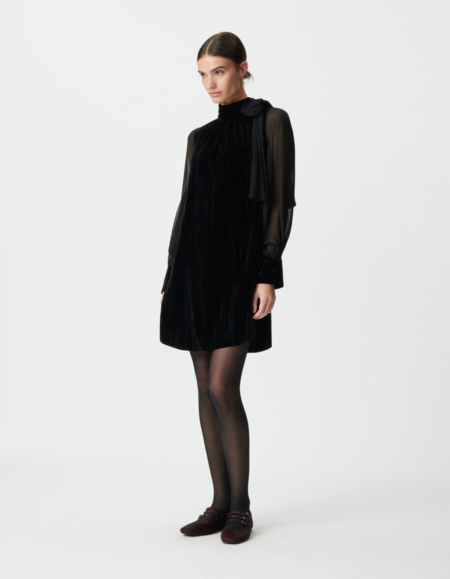 vestido negro de terciopelo y voile para mujer.