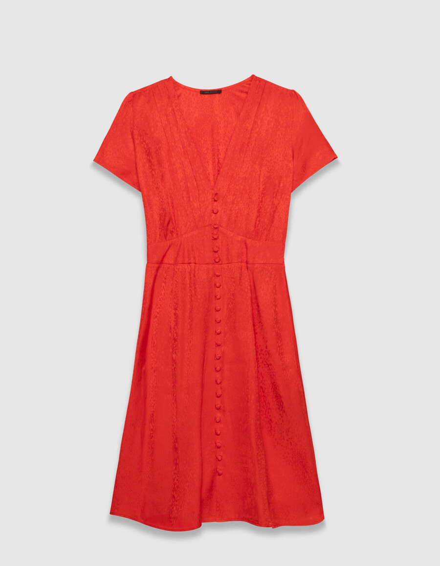 vestido de mujer en jacquard de satén rojo con estampado animal
