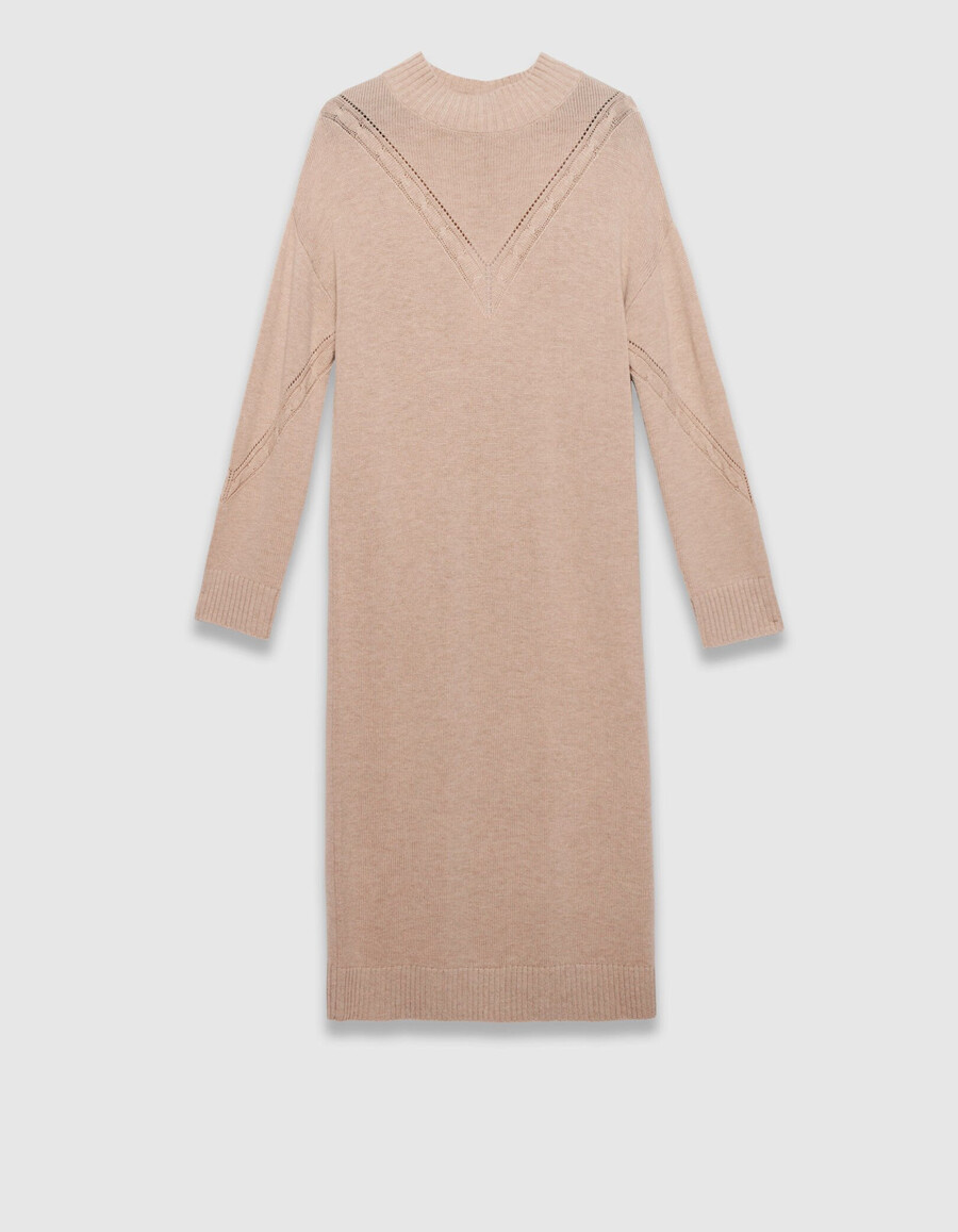 vestido tipo suéter beige para mujer con punto trenzado