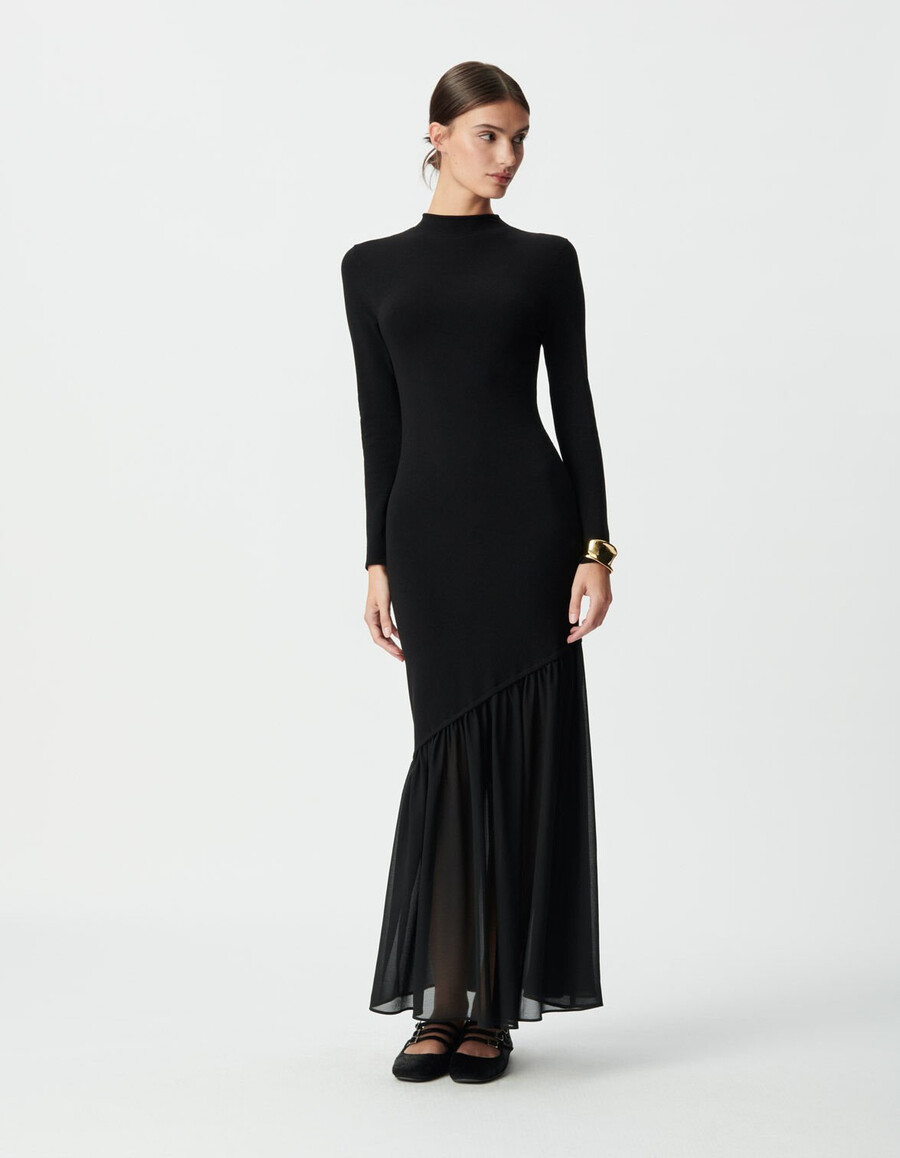 vestido largo negro de tejido mixto para mujer