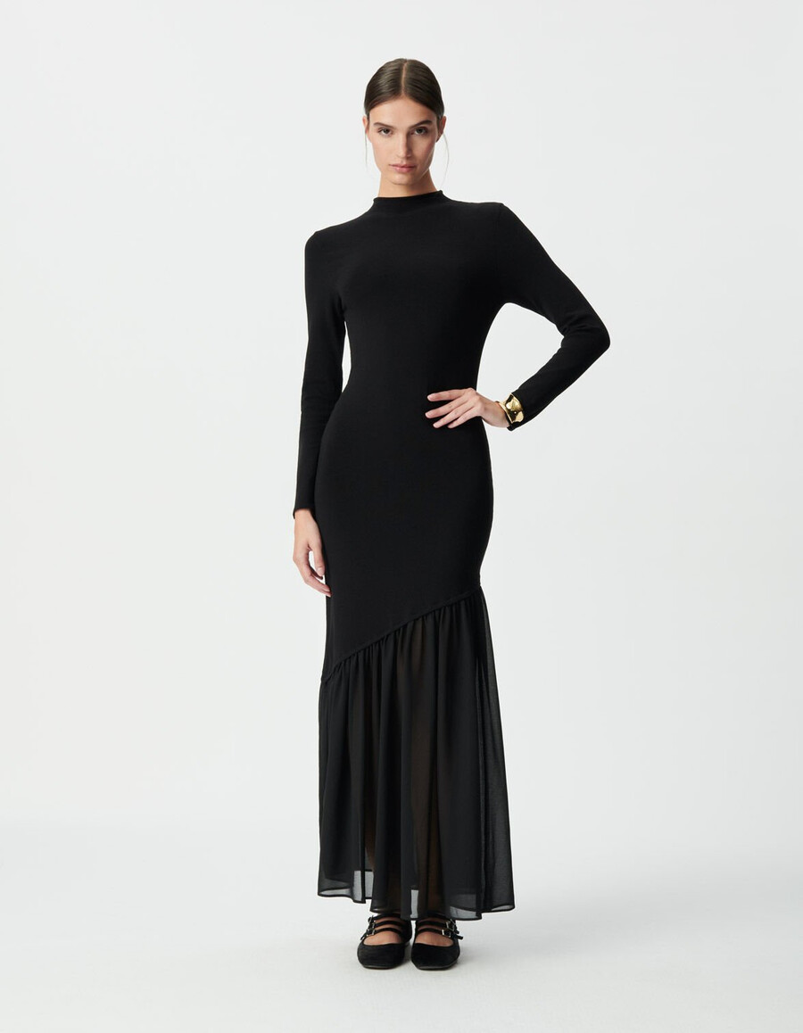vestido largo negro de tejido mixto para mujer