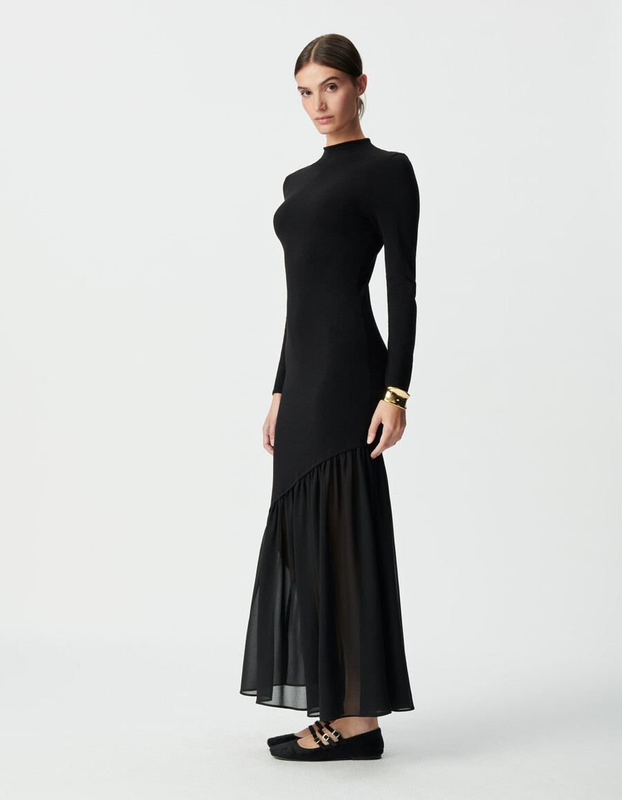 vestido largo negro de tejido mixto para mujer
