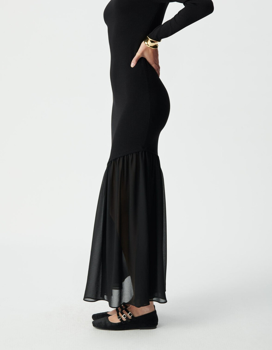 vestido largo negro de tejido mixto para mujer