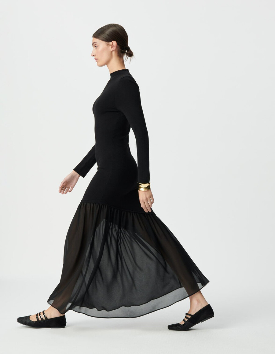 vestido largo negro de tejido mixto para mujer