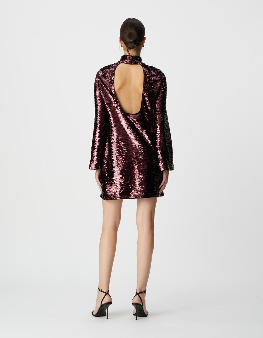vestido burdeos con lentejuelas y espalda descubierta para mujer