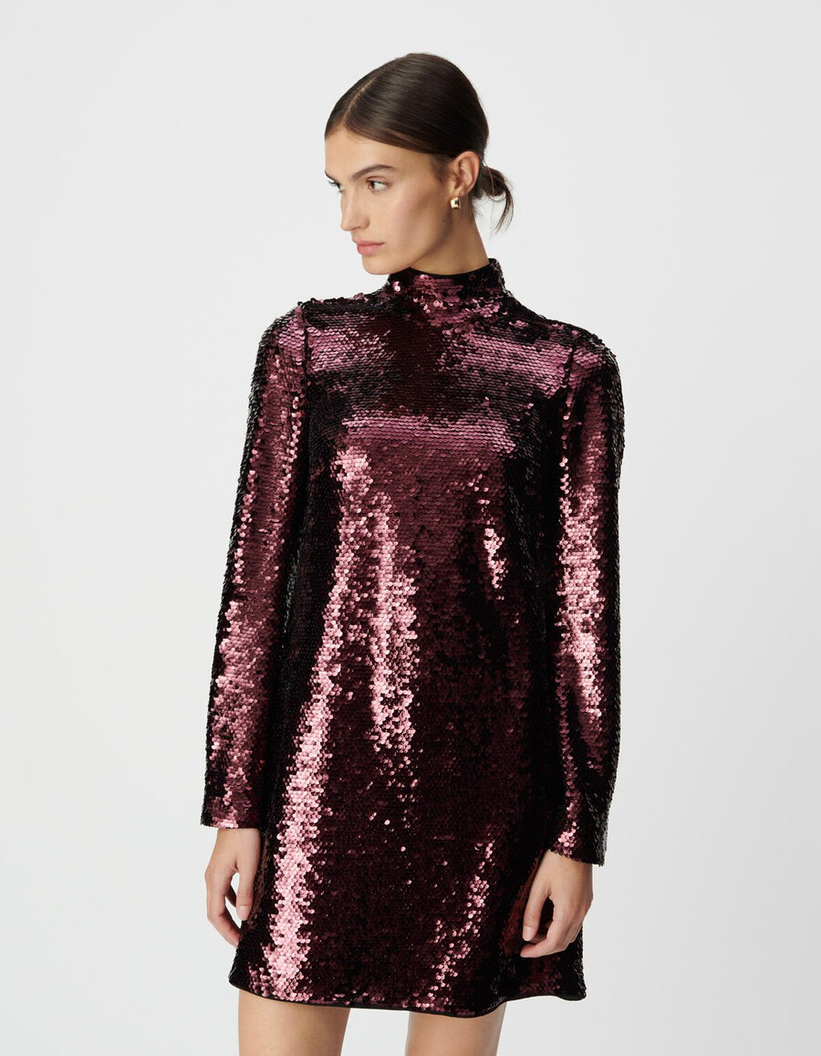 vestido burdeos con lentejuelas y espalda descubierta para mujer