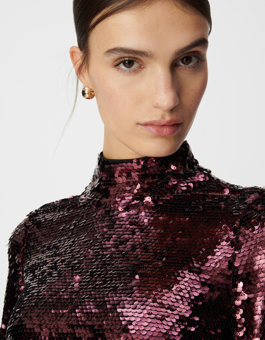vestido burdeos con lentejuelas y espalda descubierta para mujer