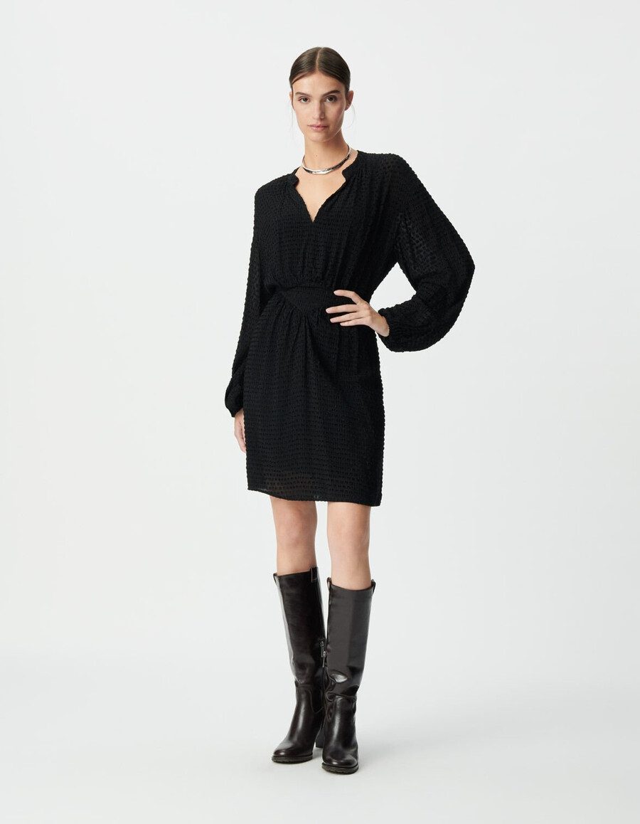 vestido negro de manga larga con cuello en v para mujer