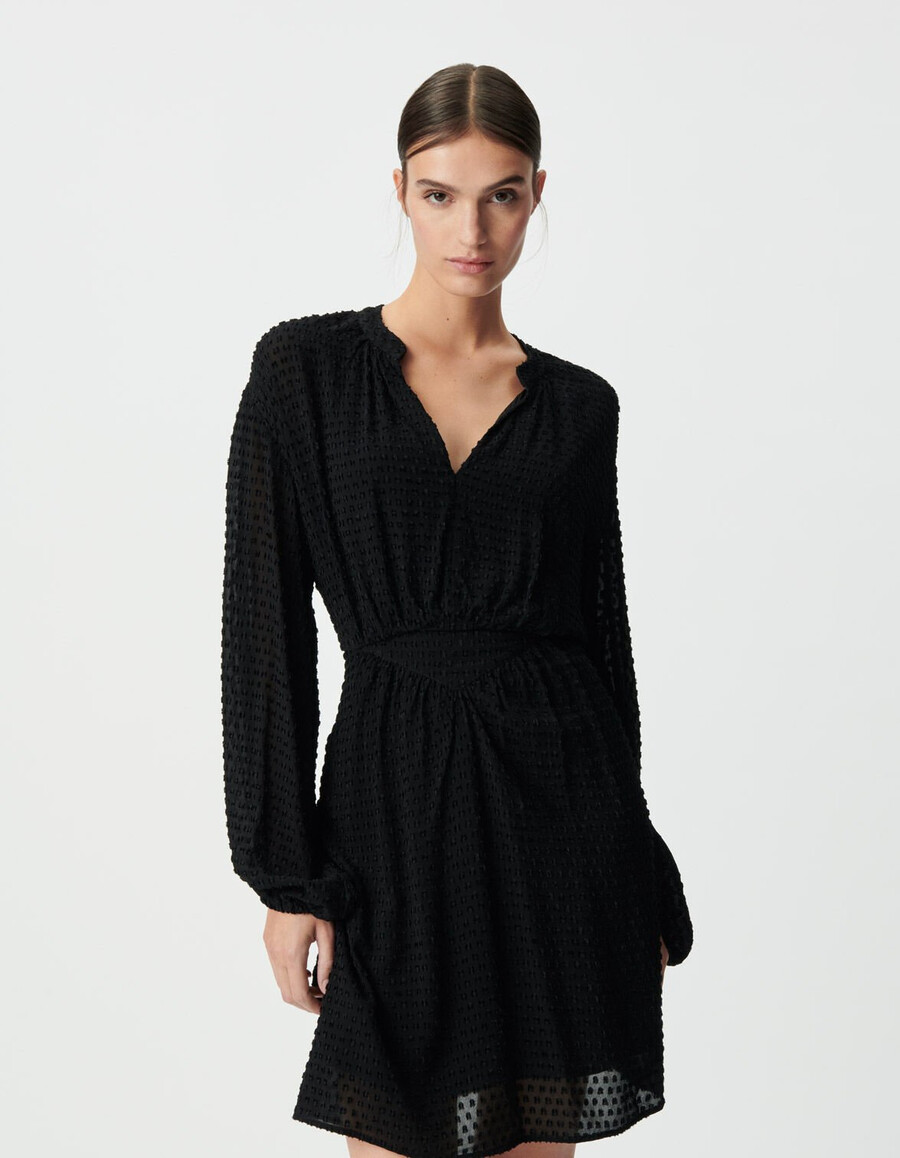 vestido negro de manga larga con cuello en v para mujer