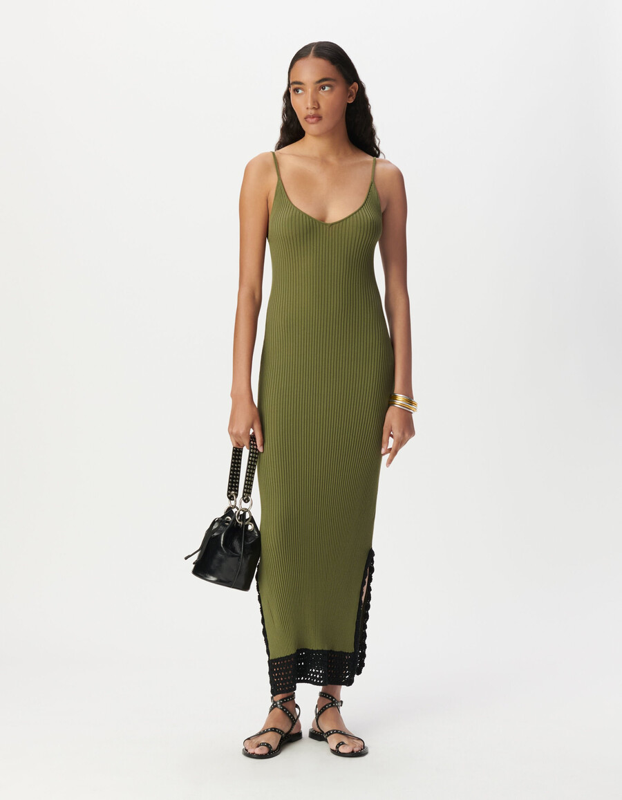 vestido tubo largo de punto acanalado color caqui para mujer