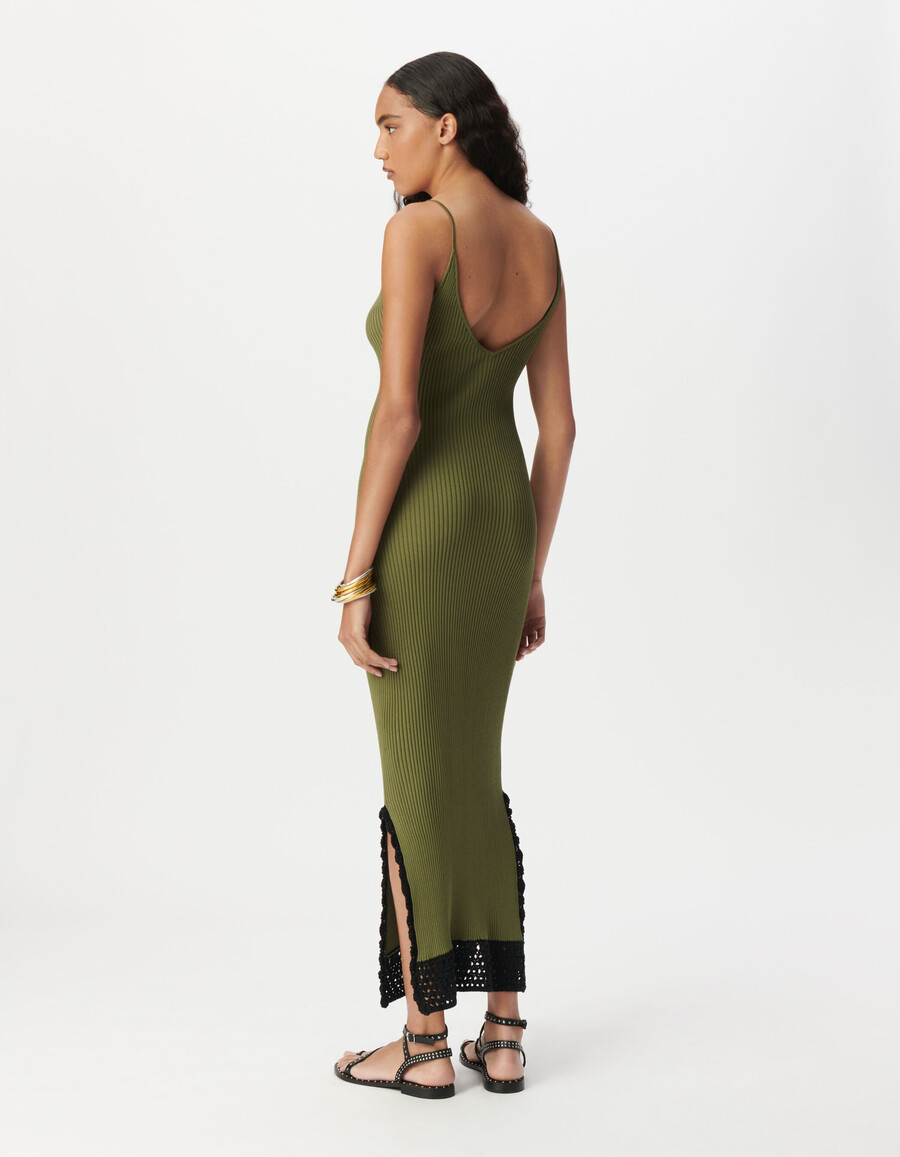 vestido tubo largo de punto acanalado color caqui para mujer