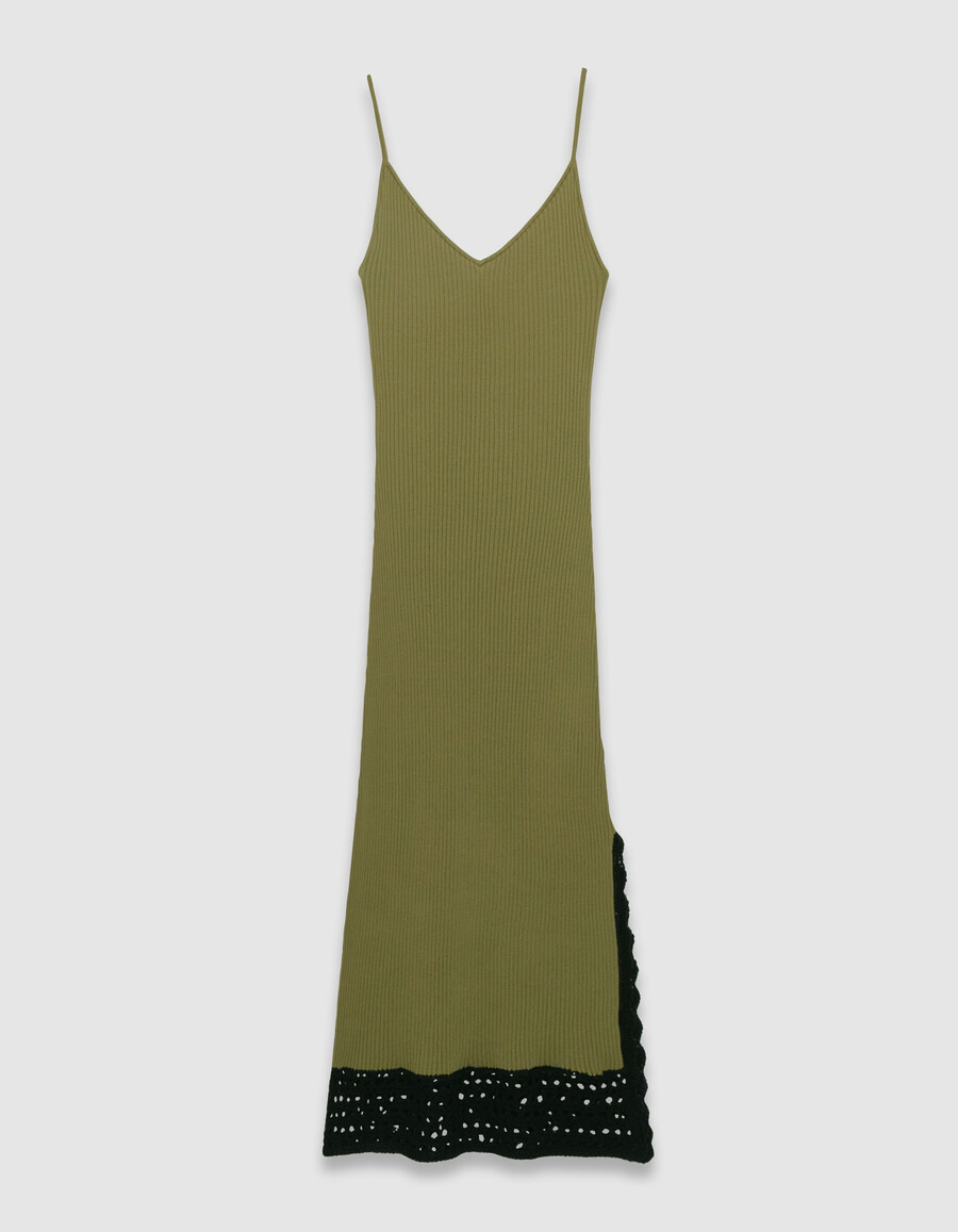 vestido tubo largo de punto acanalado color caqui para mujer