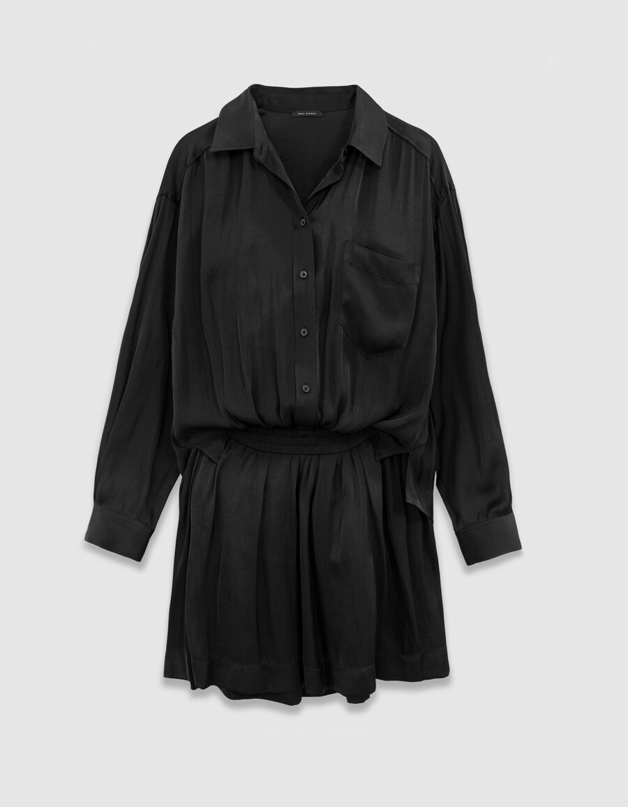 vestido camisero de satén negro con efecto trampantojo para mujer