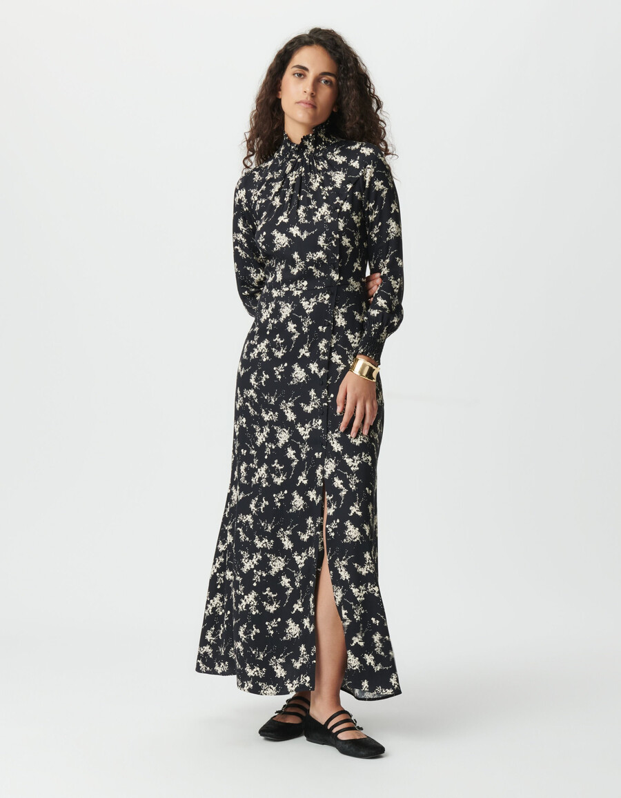vestido largo negro para mujer con estampado de flores silvestres