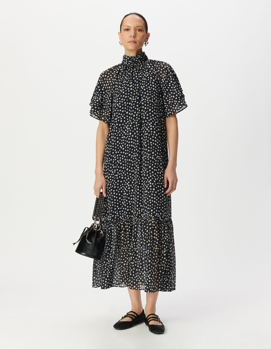 vestido largo con estampado de lunares azul marino y cuello drapeado para mujer