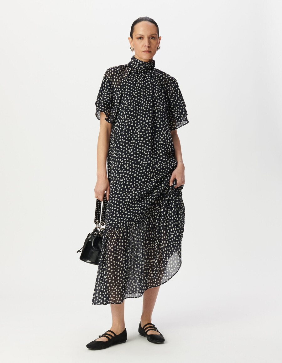 vestido largo con estampado de lunares azul marino y cuello drapeado para mujer