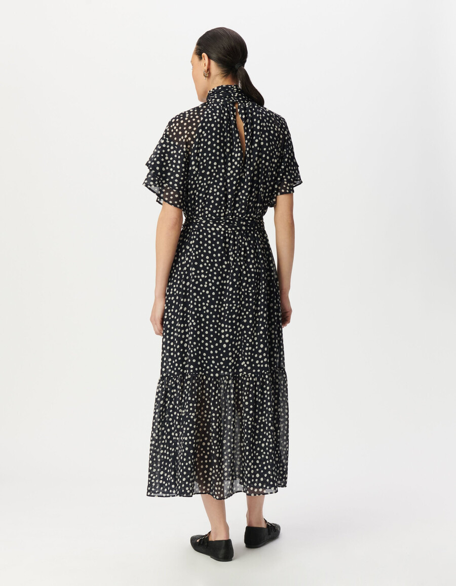 vestido largo con estampado de lunares azul marino y cuello drapeado para mujer