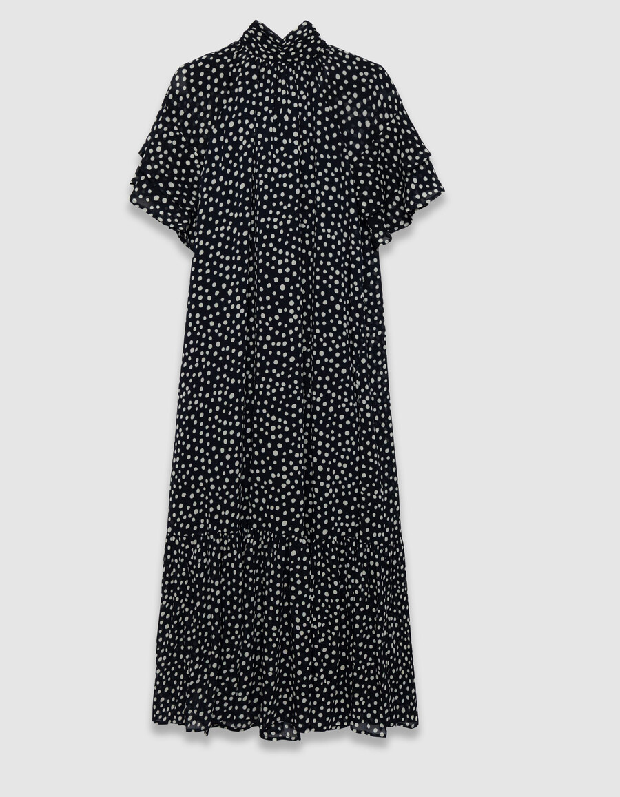 vestido largo con estampado de lunares azul marino y cuello drapeado para mujer