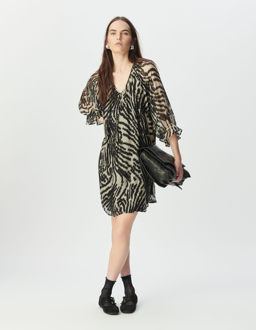 vestido corto de gasa negra con estampado de cebra para mujer