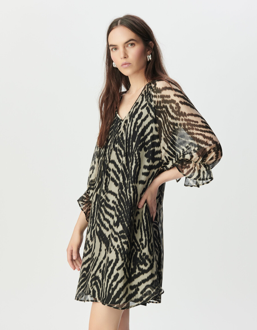 vestido corto de gasa negra con estampado de cebra para mujer