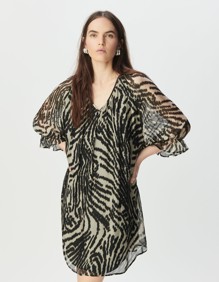 vestido corto de gasa negra con estampado de cebra para mujer
