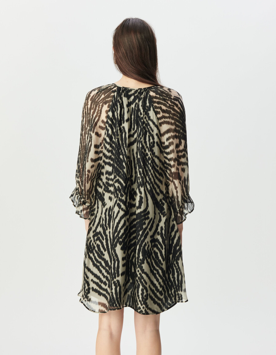 vestido corto de gasa negra con estampado de cebra para mujer