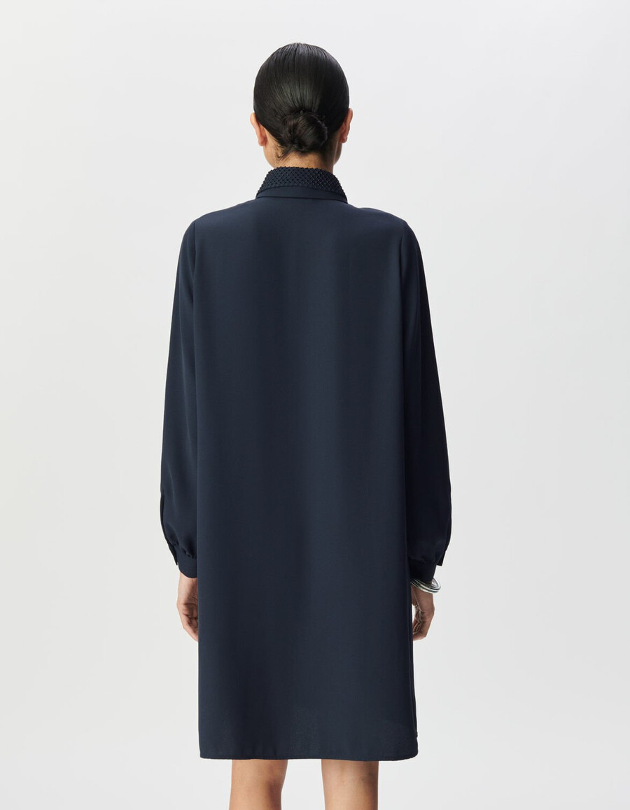 vestido camisero azul marino para mujer cuello joya doble desmontable