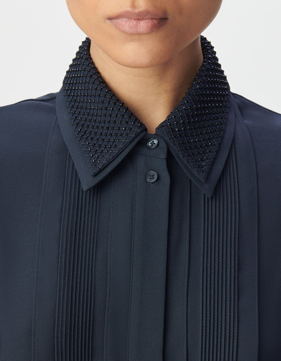 vestido camisero azul marino para mujer cuello joya doble desmontable