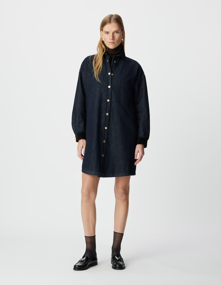 vestido camisero vaquero azul para mujer cuello y puños de terciopelo